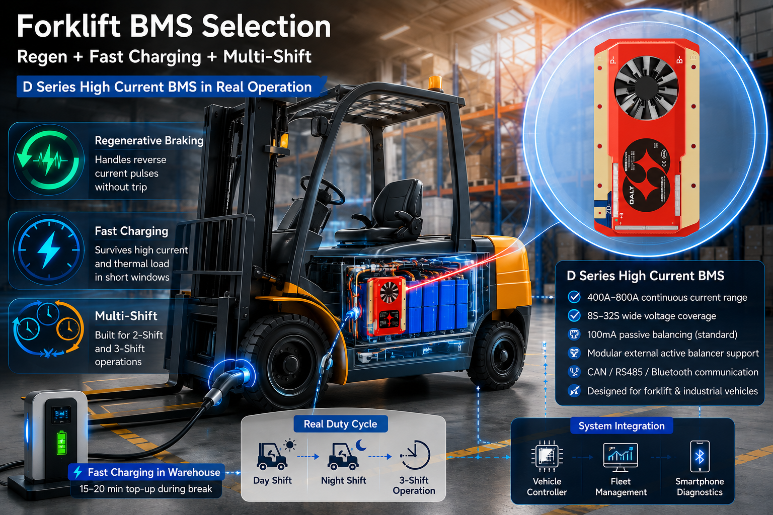 Forklift Lithium Battery BMS Selection: Regenerative Braking, Fast Charging, and Multi-Shift Operation