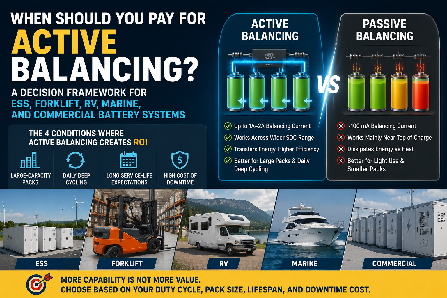 Thaum Twg Koj Yuav Tsum Them Nqi Rau Kev Sib Npaug Ua Haujlwm? Ib Lub Txheej Txheem Kev Txiav Txim Siab rau ESS, Forklift, RV, Marine, thiab Commercial Battery Systems