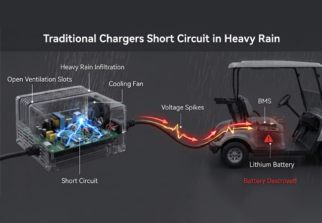 Chargers Short Circuit in Heavy Rain